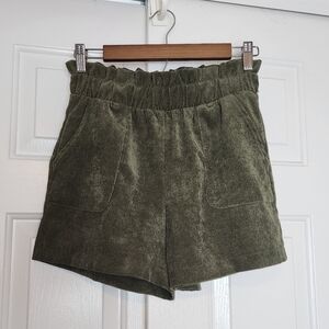 Have Olive Green Paper bag Waist Corduroy Front Pockets Elastic Waistband Size S